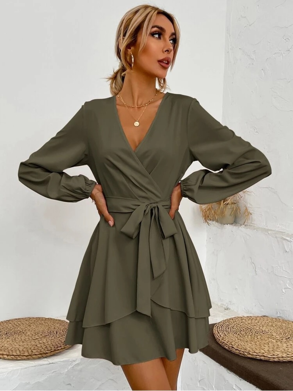 Olive Wrap Tie-Waist Long Sleeve Dress